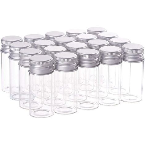 Frascos pequeños de vidrio transparente, 20 unidades, 20 ml (30 × 50 mm) con tapón de rosca de aluminio plateado, aceites y polvos secos (1/5)