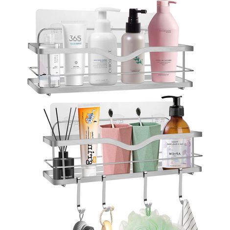 Etagère Douche sans Percage Acier Inoxydable: 2 Etagere Salle de Bain Sans Percage Auto-AdhéSif - Étagère Murale de Rangement Douche avec crochets pour Rangement Salle de Bain et Cuisine Accessoires (1/5)