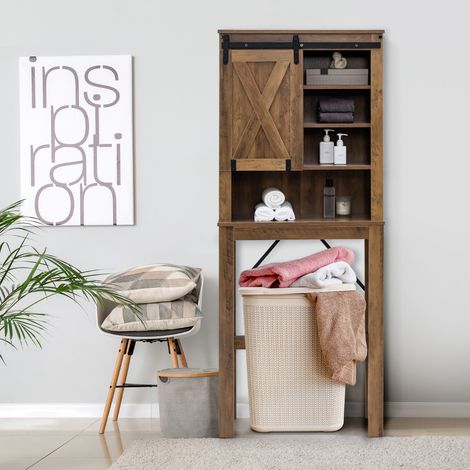 Meuble WC au-Dessus Toilettes Bois 4 Étagères Porte Coulissante 67x25x172cm CW44838 (1/2)