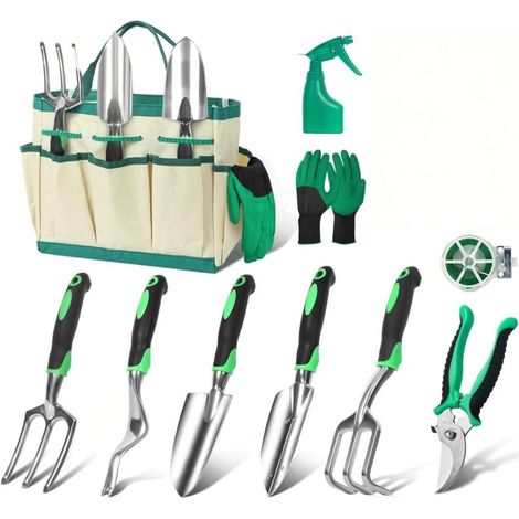 Ensemble d'Outils de Jardinage 10 Pièces avec Sac de Rangement Outils Durables en Aluminium. Poignées Ergonomiques et Tablier Pratique pour Passionnés de Jardinage (1/5)