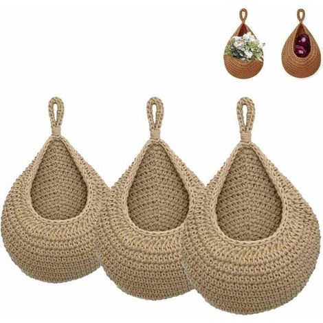 3Pcs Corbeille A Fruit Suspendue,Panier de Fruits et Legumes Suspendu Au Mur,Panier Mural en Jute Tressé à La Main en Forme de Goutte D'eau,Panier Suspendu Rangement pour Cuisine,Salon,Porche