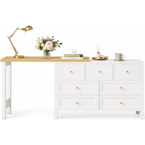 Scrivania angolare CHICFURN 120 x 40 x 70 cm bianca e rovere, piano girevole 360°, 7 cassetti (1/5)
