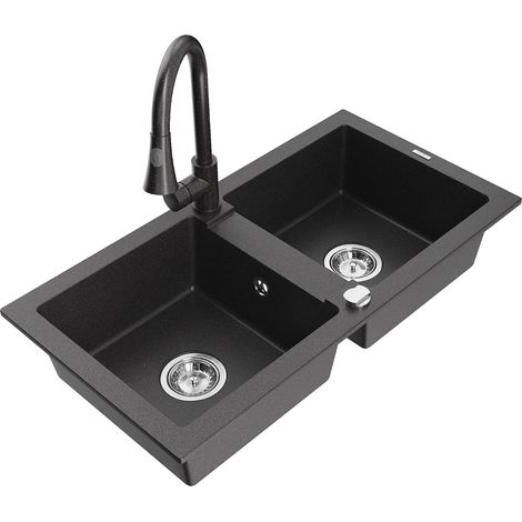 Mexen Mario Granitspüle 2-Kammern mit Küchenarmatur Elia, schwarz gesprenkelt - 6504-76-670101-76 (1/5)