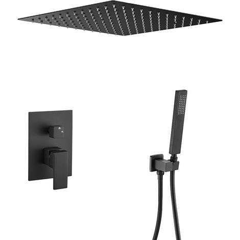 Mitigeur de douche encastré noir mat – Tête de douche carrée 30 cm extra-plate – Robinet mitigeur 2 voies en laiton – Douchette anticalcaire flexible 150 cm – Valaz