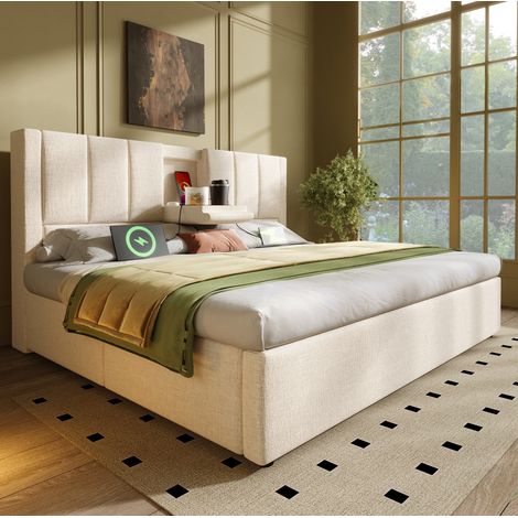 Lit double capitonné en lin beige 140x190 cm avec tête de lit USB-C, porte-gobelets dissimulés et coffre de rangement (1/5)