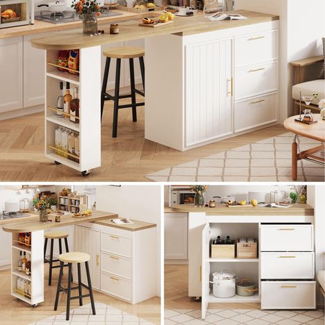 Bartisch Tisch mit 360° Drehfunktion, Verstellbare Regale & Kippschutz, 3 Schubladen & Seitenablage, Vielseitiger Stehtisch für Esszimmer, Wohnzimmer & Homeoffice