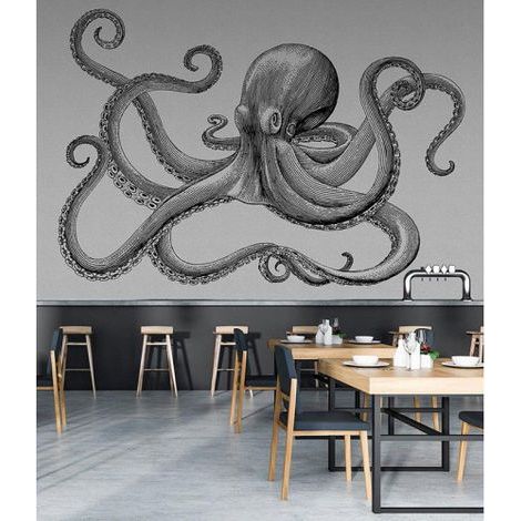 Papier peint panoramique noir et blanc tendance Tapisserie panoramique animaux pieuvre Papier peint panoramique restaurant et salle à manger (1/3)