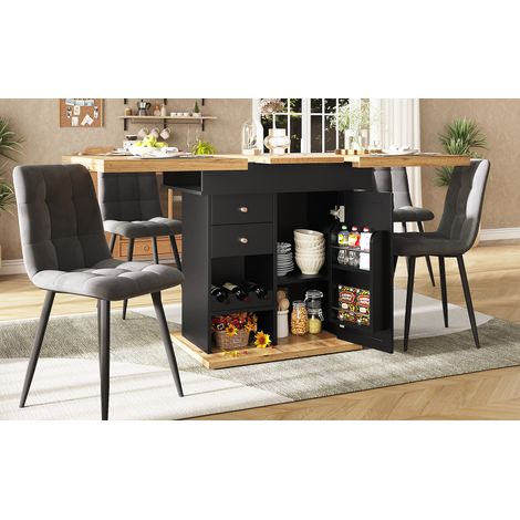 Table à manger extensible 110-140x80cm, table pliante pour 4-6 personnes, escamotable gain de place, idéale cuisine et salon, avec étagère à snacks et porte-bouteilles