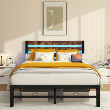 lit adulte double LED rangement 120x200 métal bois OKMYHOME (1/5)