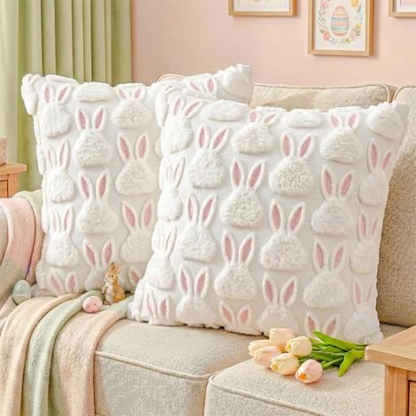 Kissenbezug aus weißem Kaninchen-Plüschjacquard mit rosa Ohren, 45,7 x 45,7 cm (18 x 18 Zoll), 2 Stück, weiß (geeignet für Sofa, Büro, Wohnzimmer, Schlafzimmer)