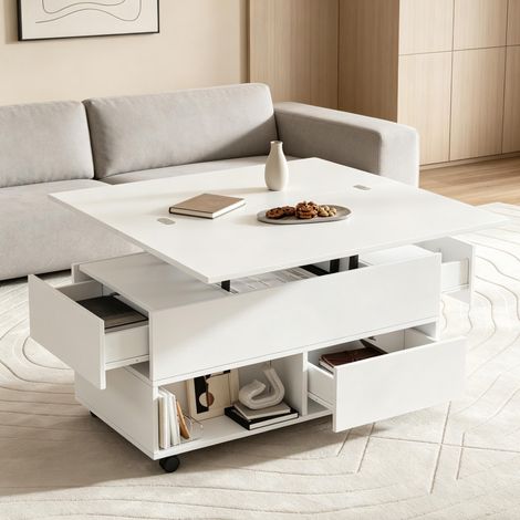 Tavolino da salotto regolabile in altezza con ruote, 4 cassetti, 100x50x52 cm bianco (1/5)