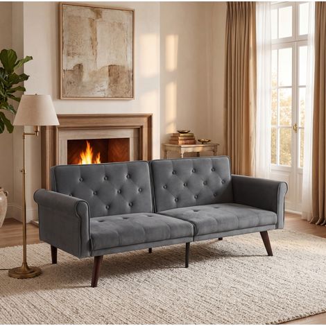 MODFU – Lit banquette 2 places velours – Dossiers réglables 5 positions – Structure 6 points d'appui et pieds 20 cm – Petit espace – Gris (1/5)