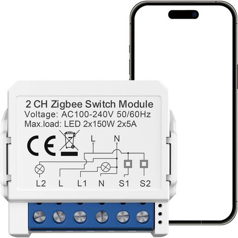 Commutateur intelligent Zigbee Commutateur ZigBee Mini commutateurs intelligents pour éclairage 2 voies 2x5A Neutre requis, pour la domotique, Compatible avec / (1/5)