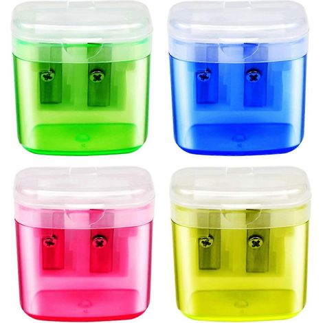 Taille-crayons, lot de 4, taille-crayons manuels à double trou avec couvercle, pour l'école, le bureau et la maison (rose et jaune) (1/5)