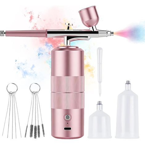 Kit Aerographe sans Fil, Kit Aérographe avec Compresseur, Rechargeable Pistolet Aérographe Portable avec 3 Niveaux pour Maquillage Tatouage Modelisme Décoration de Gâteaux Art Des Ongles(Rose) (1/5)
