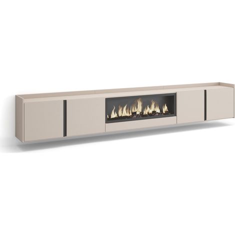 Skraut Home - Mobile TV Soggiorno, Ampio spazio a disposizione, 315x35x50cm, Per TV fino a 80", Camino elettrico XXL, Sospeso, da appendere, Stile moderno, Beige (1/5)