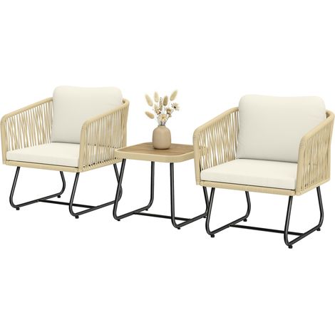 3-teiliges FSC-zertifiziertes Gartenmöbelset aus Rattan: 2 Sessel, Tisch aus Laminatholz, dicke, waschbare Kissen, Stahlgestell