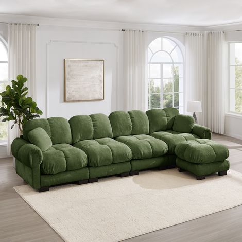 Sofá esquinero modular 4 plazas de chenilla, con 1 reposapiés, verde, 330x149x90 cm (1/5)