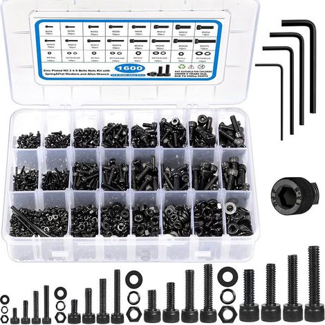 Boulons et Écrous Noires Vis Kit D'assortiment D'écrous de Rondelles en Acier Au Carbone Vis a Six Pans Creux Avec Boîte de Rangement Pour, 1600pcs (1/4)