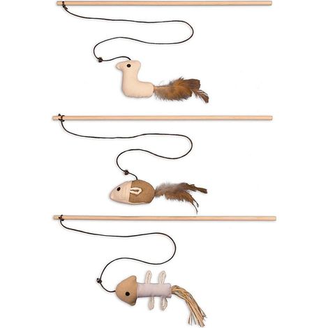 Jouet Pour Chat - Canne En Bois Naturel Avec Souris Et Plume - Ensemble De 3 Pièces Pour Activité Féline (1/5)
