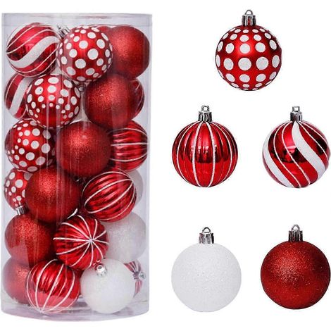 30 boules de Noël rouges et blanches, 6 cm, incassables, pour sapin, décorations de Noël à suspendre, assortiment pour la maison, les fêtes et les vacances. (1/5)