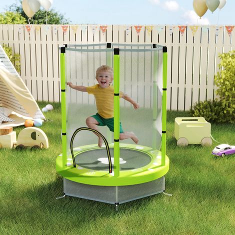 Trampoline pour tout-petits de 4,6 pieds avec filet de protection, intérieur/extérieur, de 3 à 6 ans, motif nuageux - vert