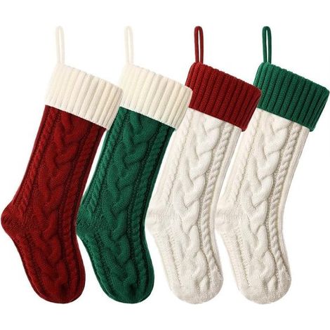 Lot de 4 chaussettes de Noël – 45 cm – Blanches et rouges – Décorations – Cheminée ou sapin (1/5)