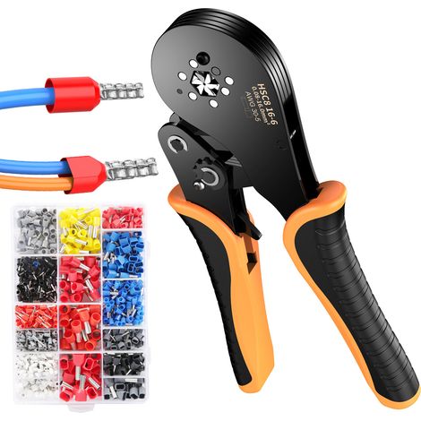 Pince à sertir pour bornes à barillet HSC8 16-6 – Sertissage hexagonal de précision – 0,08–16 mm² / AWG 30–5 – Double et simple fil – Poignée ergonomique anti-dérapante – Lot de 1200 cosses inclus (1/5)