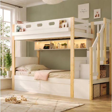 Litera infantil 90x200 + 90x200 cm con almacenaje, LED, USB, blanco y natural DESVIAE (1/5)
