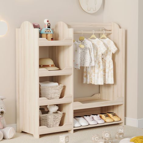 Armadio per bambini con barra appendiabiti, 4 ripiani e mobile per scarpe, mobili per camera bambini, in legno naturale, 110x39x110 cm