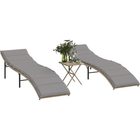 Sonnenliegen 2 Stk. mit Tisch Beige Poly Rattan