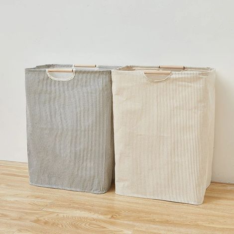 2 pezzi cesto portabiancheria in cotone e lino con manico per vestiti sporchi, borsa portaoggetti pieghevole, a righe verticali, 402756 cm (1/5)