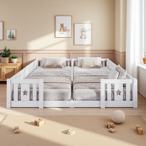 Montessori Letto 180x200cm,Lettino per bambini con motivo stella protezione anti-caduta,Letto per bambini Montessori al pavimento,letto per bambini in legno,letto gemellare Montessori,Bianco(Con doghe