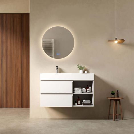 Mobile bagno sospeso 100 cm Bianco Lavabo a Sinistra in Resina Specchio Tondo Retroilluminato - Fiji Paint Plus