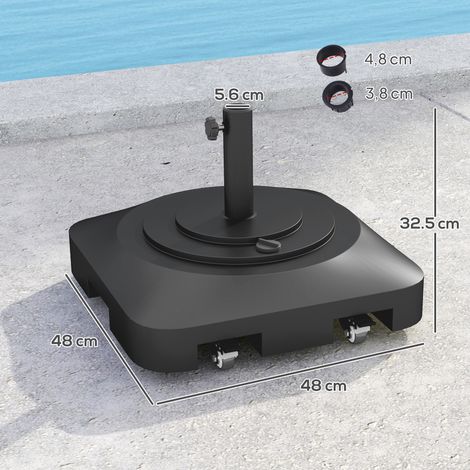 Pied de parasol lestable jusqu'à 25 kg, avec roulettes, support carré pour parasol, poids pour parasol, compatible avec les parasols Ø 38/48 mm, pour balcon, terrasse, jardin, noir (1/5)
