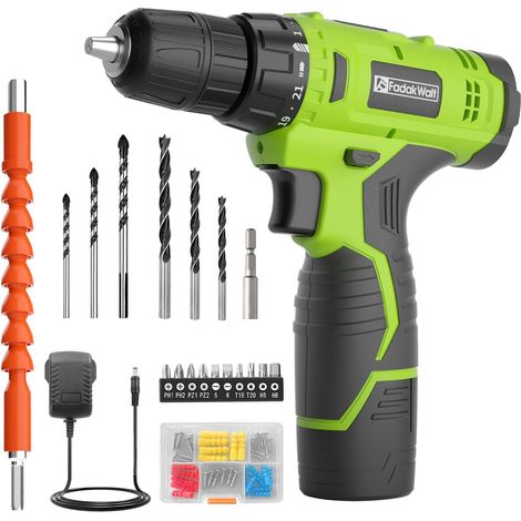 12V Cordless Drill Driver with Battery, 50 Pieces, 21+1 Torque Settings, 19 Nm, LED Lights, Suitable for Home Work, Green (1/5)