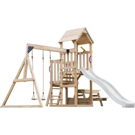 Axi Mette Aire De Jeux En Bois Avec 2 Balançoires, Toboggan Blanc, Table De Pique Nique / Aire De Jeux Extérieur Avec Balançoires/ Bac À Sable/Téléscope Portique Balançoire/Jeux En Bois Extérieur