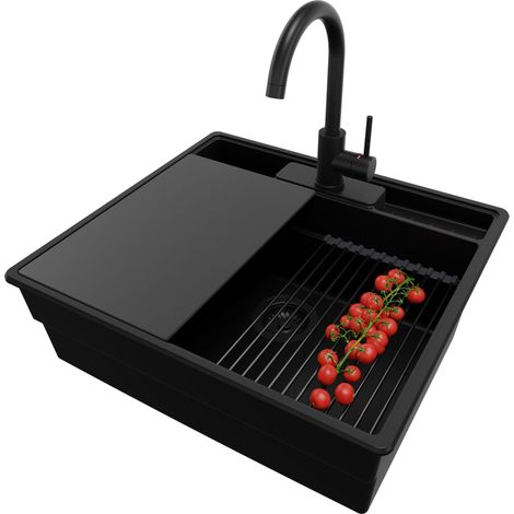 PRIMAGRAN Evier Cuisine en Granit 58x53cm,Lavabo 1 bac + Robinet 32x20cm + Kit de Vidage + Accessoires, Évier à Encastrer au meuble 60cm - New York, Tout Noir (1/5)