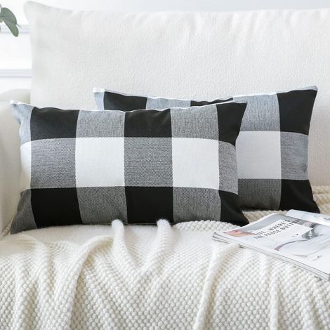 Lot de 2 - Taies d'oreiller Polyester Lin Treillis Taies d'oreiller Housse de Coussin Décoration pour Chambre Lit Voiture De La Maison Canapé (30x50cm, Noir) (1/5)
