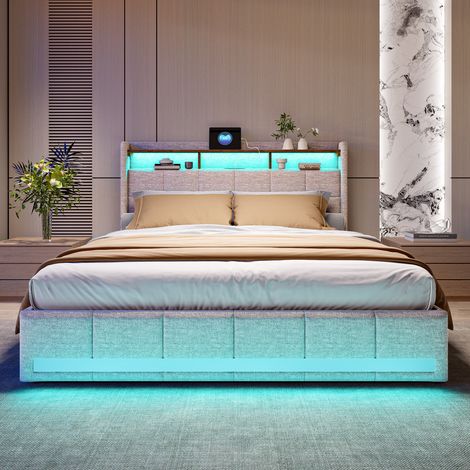 Lit 140 x 200 avec sommier,lit 2 personnes avec tiroirs et étagères de rangement ouvertes,lit double rembourré avec LED et USB,lit 140 x 200 avec sommier à lattes en bois, lin beige