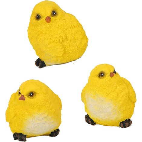 Figuritas decorativas de resina – juego de 3 figuras: gallina, gallo y pollitos – para el jardín – regalo de resina hecho a mano, color amarillo (1/5)