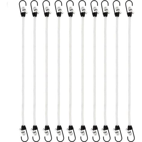 Corde élastique - Lot de 10 - Tendeur de tente - Sangle à bagages - Avec crochets - 30,8 cm - Blanc (1/5)