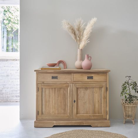 Berah Getah – Buffet en teck massif 120 cm – 2 tiroirs et 2 portes – Bois brut de qualité Premium – Design naturel et lumineux (1/5)