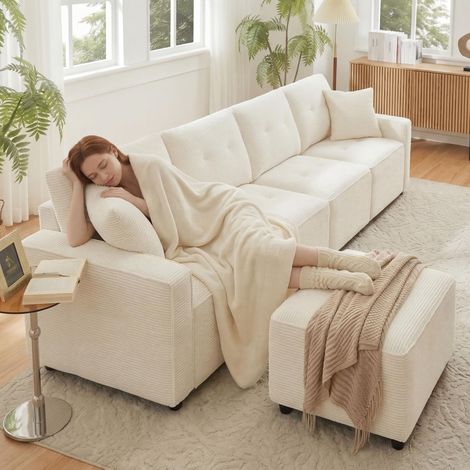 Gerades 4-Sitzer Corduroy Sofa mit Stauraum  unter den Sitzflächen, inklusive eines frei platzierbaren Hockers. Farbe: Beige, Maße: B280 x T146 x H85 cm.[9905]