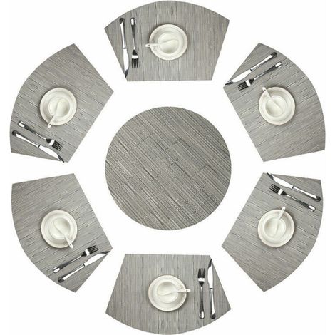 Rond Sets de Table Lot de 7 PVC Tapis de Table Wedge Set Table résistant à la Chaleur Lavable (Gris argenté) (1/5)