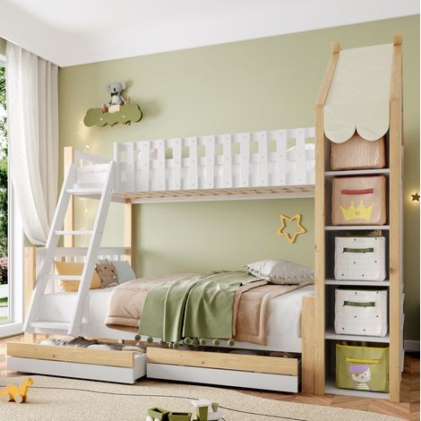Letto a castello per bambini 90x200 cm e 140x200 cm con vano portaoggetti aperto, sponde di sicurezza, scala e 2 cassetti, senza materassi, bianco (1/5)