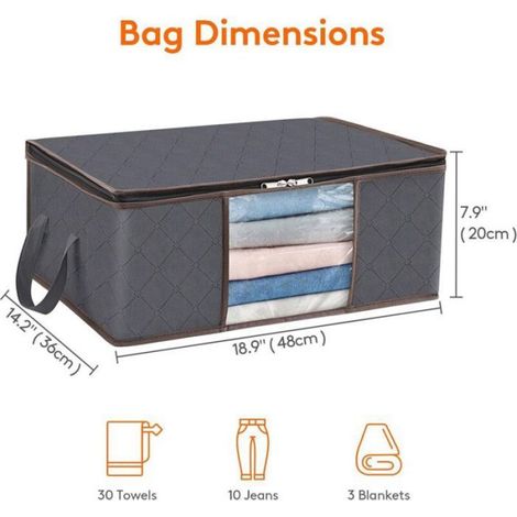 Lot de 3 Sac de Rangement Vetement 35L, Boîte de Rangement Sous lit Pliable, Housse Rangement Couette Organisateur de Placard, Gri (1/4)