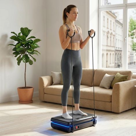 Plateforme vibrante à 120 niveaux d'intensité, 5 programmes prédéfinis, éclairage LED, bandes de résistance, surface antidérapante