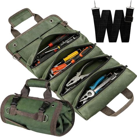 Tool Roll, Tool Bag Roll with 2 Removable Tool Pockets, Tool Roll Bag for Hammer, Wrench, Chisel, Ideal for Plumbers, Craftsmen and Electricians, Green (1/5)