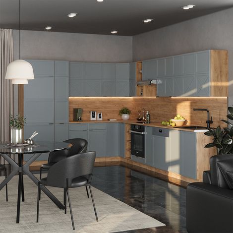 Cuisine en angle Fame-Line, Bleu clair-gris/chêne force d'or, 347 x 257 cm , PT Anthracite, Vicco